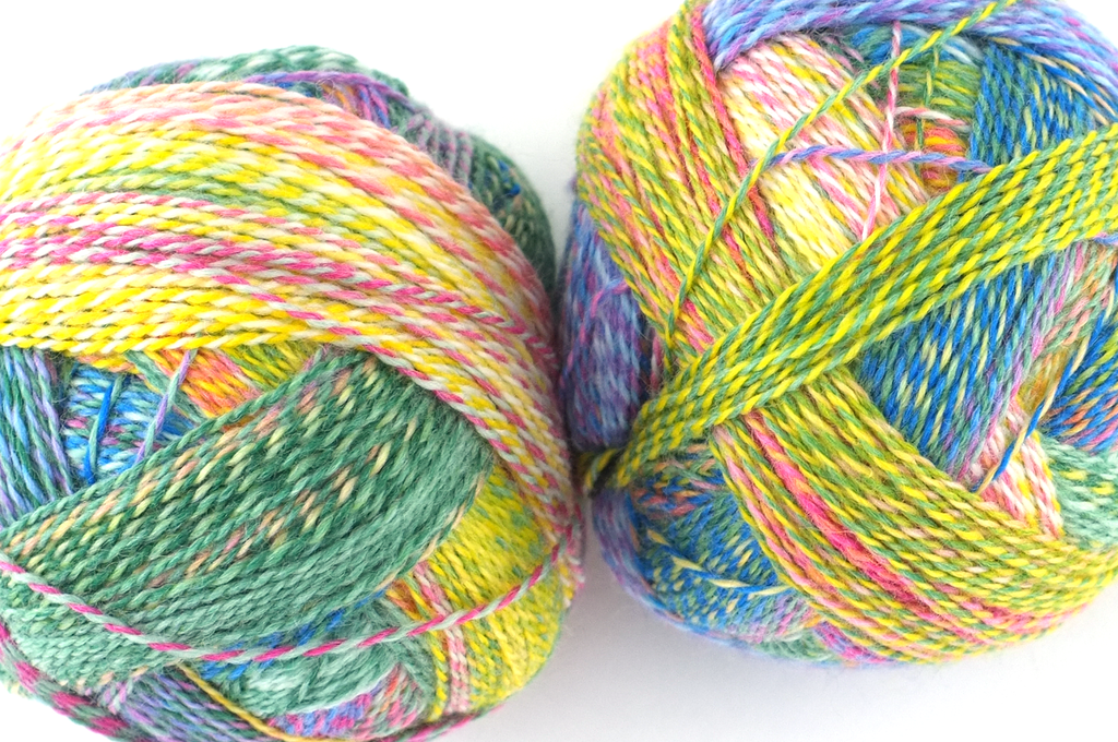 Crazy Zauberball, self striping sock yarn, color 2334 Painter's Corner, fingering weight yarn, yellow, pink, blue