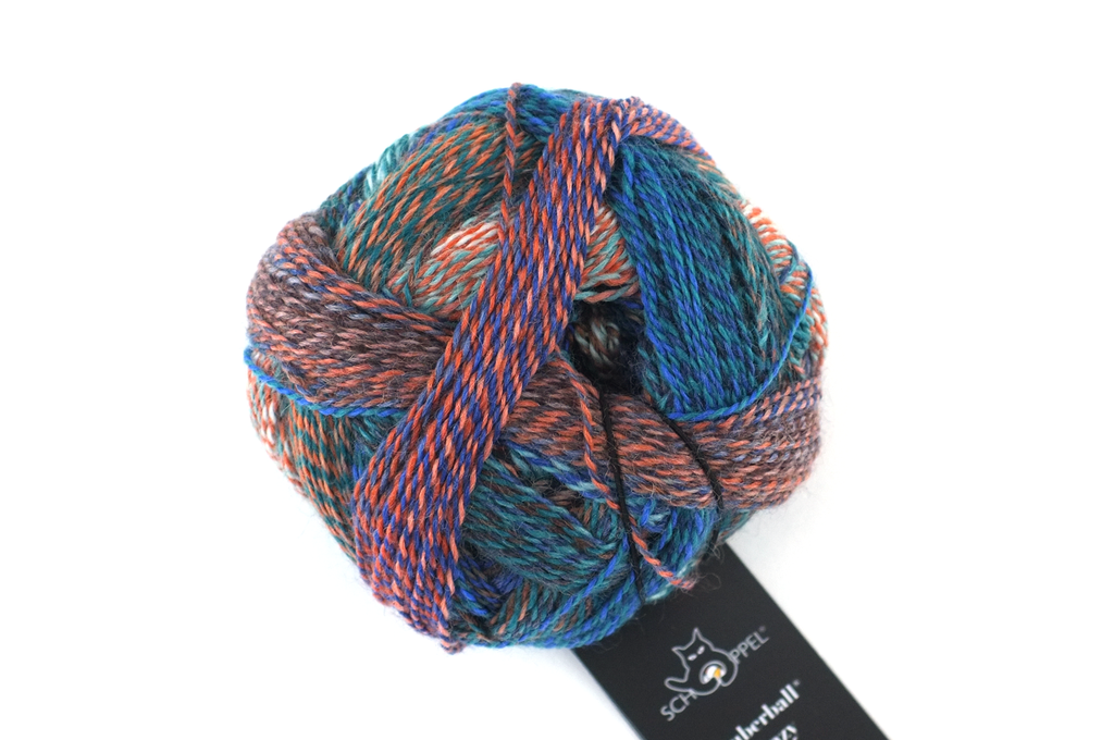 Crazy Zauberball, self striping sock yarn, color 2395 Camouflage, fingering weight yarn, teal, orange, blue from Purple Sage Yarns