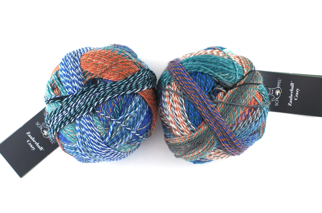 Crazy Zauberball, self striping sock yarn, color 2395 Camouflage, fingering weight yarn, teal, orange, blue from Purple Sage Yarns