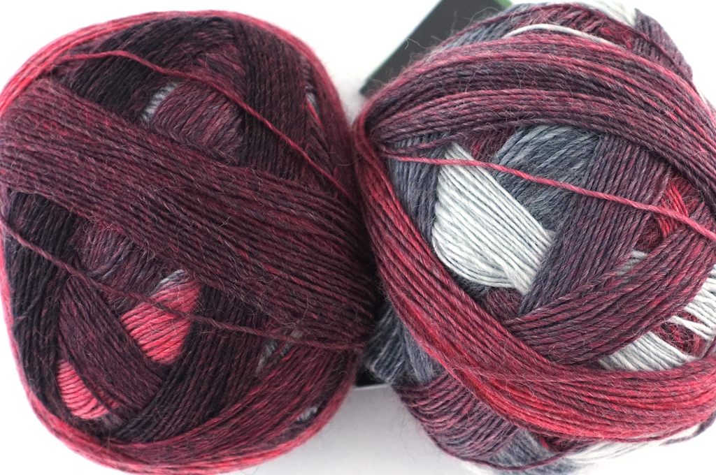 Zauberball, self patterning sock yarn, color 2402 Aldebaran, fingering weight yarn, brick pink, red, grays from Purple Sage Yarns