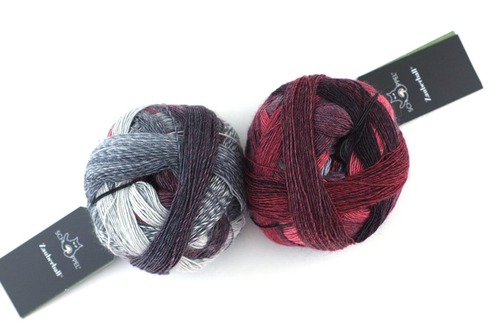 Zauberball, self patterning sock yarn, color 2402 Aldebaran, fingering weight yarn, brick pink, red, grays from Purple Sage Yarns