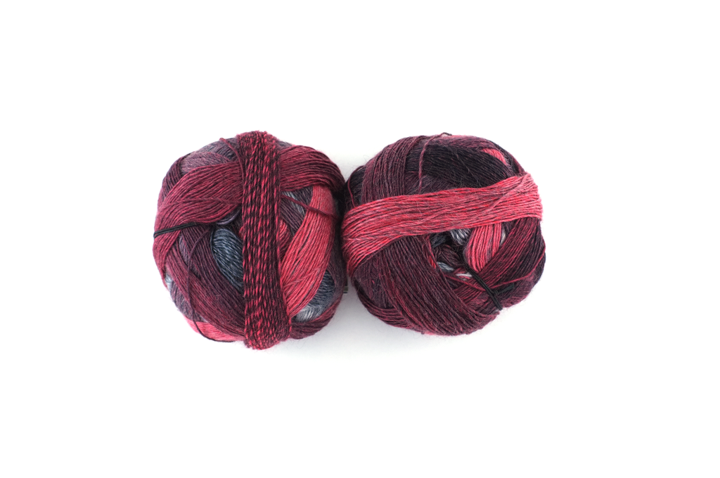 Zauberball, self patterning sock yarn, color 2402 Aldebaran, fingering weight yarn, brick pink, red, grays
